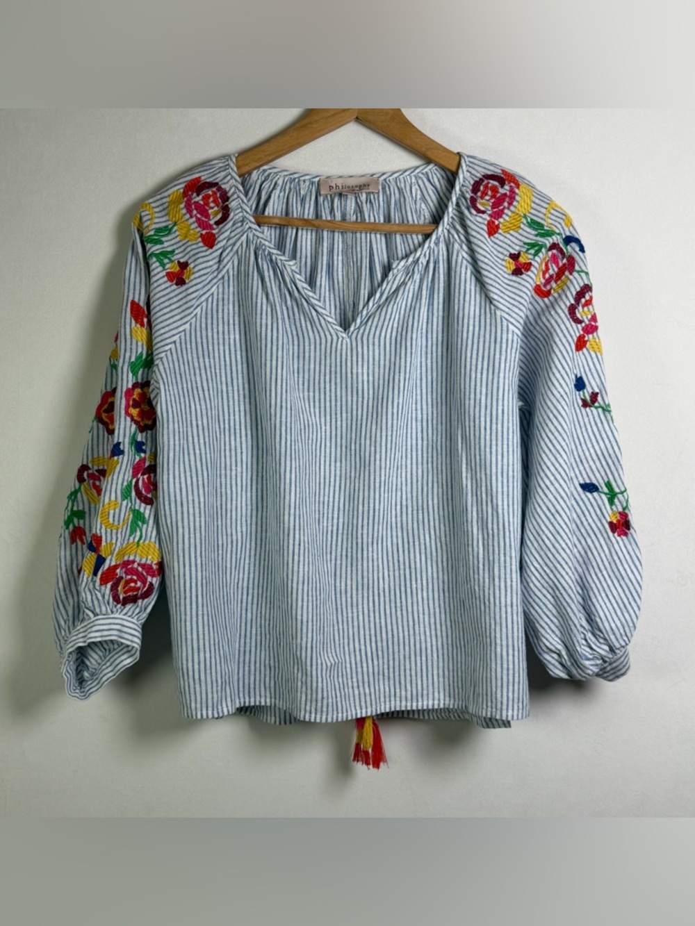 Philosophy Women’s Linen Floral Embroidered Blouse Boho Coastal Stripe Top Sz S - Picture 2 of 9